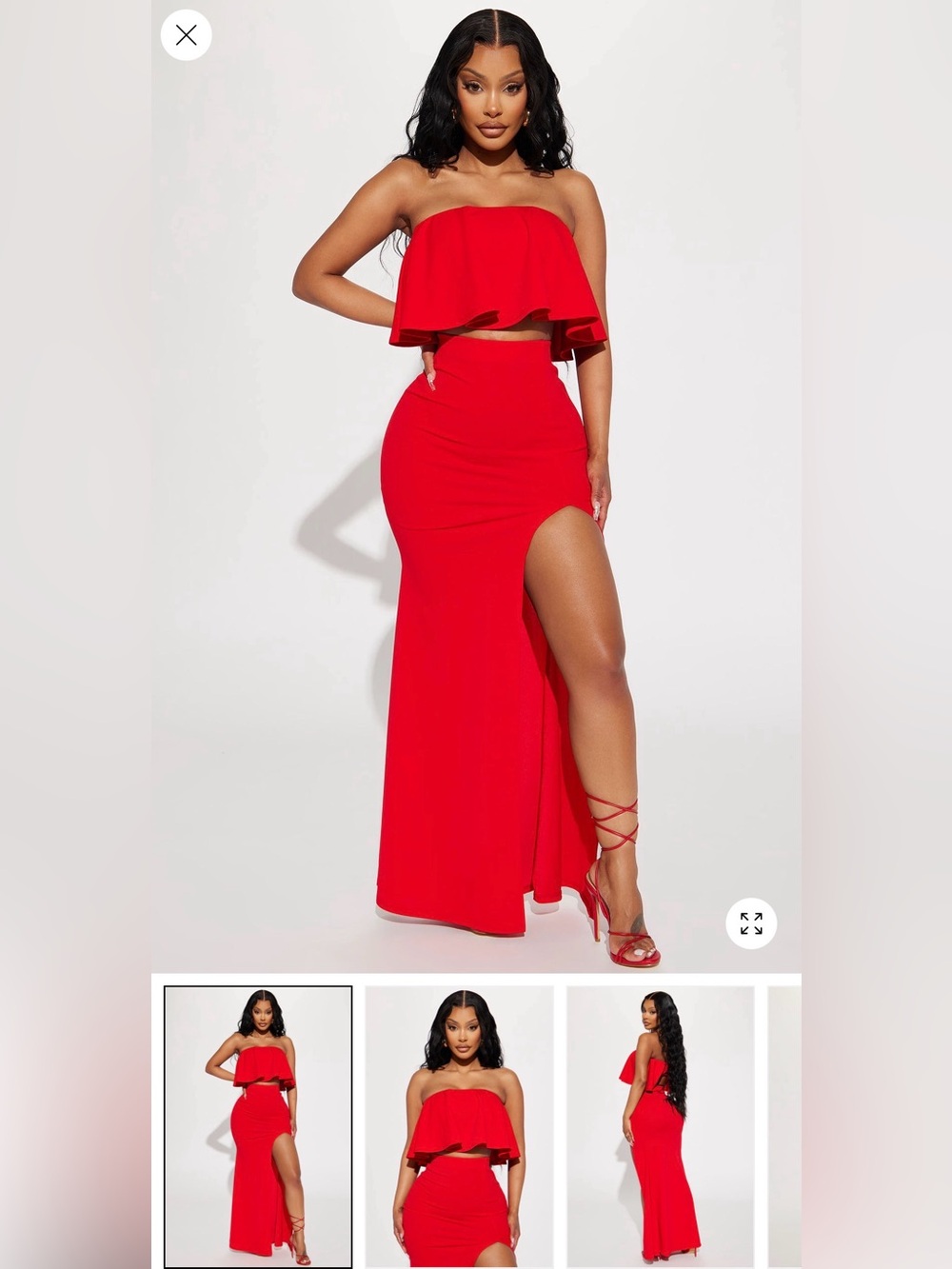 Fashion Nova Red High-Slit Maxi Skirt with Flirty Cutout & Strapless Top Set